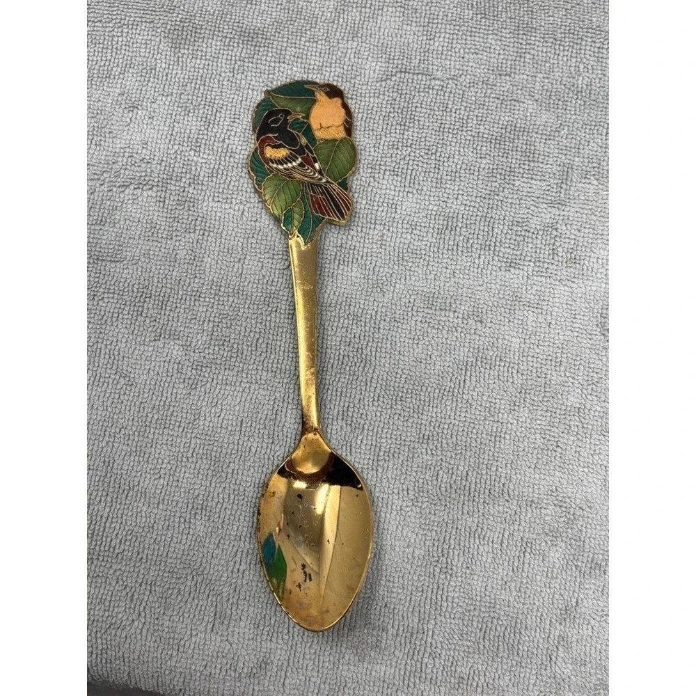 Vtg Hallmark‎ Bird Souvenir Spoons Gold Tone Set of 6 Cloisonne Enamel